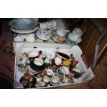 A TRAY OF ASSORTED CHINA AND CERAMICS TO INCLUDE A CROWN DUCAL CRIES OF LONDON TEAPOT ON STAND,