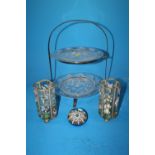 A PAIR OF ANTIQUE HAND PAINTED FLORAL GLASS VASES TOGETHER A TWO TIER CUT GLASS CAKE STAND