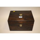 A VICTORIAN COROMANDEL LADIES VANITY BOX WITH FITTED INTERIOR, HAVING VANITY JARS WITH HALLMARKED