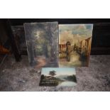 TWO UNFRAMED OIL ON CANVASES OF A FIGURE IN A WOODLAND AND CONTINENTAL RIVER SCENE TOGETHER WITH