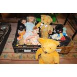 TWO TRAYS OF VINTAGE DOLLS AND TEDDY BEARS ETC.