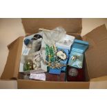 A BOX OF COSTUME JEWELLERY AND COLLECTABLES