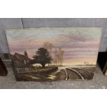 AN UNFRAMED ANTIQUE OIL ON CANVAS DEPICTING A RURAL LANDSCAPE WITH CHURCH INDISTINCTLY SIGNED