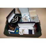 A BOX OF ASSORTED COSTUME JEWELLERY ETC