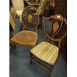 AN EDWARDIAN MAHOGANY INLAID BEDROOM CHAIR TOGETHER WITH A BERGERE PAINTED CHAIR A/F (2)