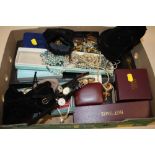 A BOX OF ASSORTED COSTUME JEWELLERY, WRISTWATCHES ETC