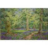 A FRAMED AND GLAZED WATERCOLOUR ENTITLED 'BLUEBELLS IN AN OAK WOOD' BY F. ALAN WHITE