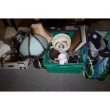 TWO TRAYS OF ASSORTED SUNDRIES TO INCLUDE A QUANTITY OF LAMPS, PAIR OF ROLLER BLADES