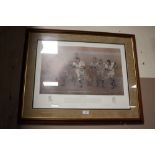 A FRAMED AND GLAZED RUGBY INTEREST PRINT ENTITLED 'A CALL TO ARMS' BY STEPHEN DOIG 731/750