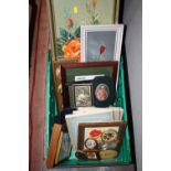 A BOX OF ASSORTED PICTURES AND PRINTS TO INCLUDE MINIATURE FABRIC PRINTS, FLORAL OIL ETC