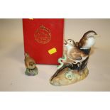 A BOXED ROYAL CROWN DERBY THRUSH CHICKS FIGURE TOGETHER WITH A ROYAL WORCESTER WREN FIGURE