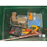 A BOX OF TOOLBITS ETC TO INCLUDE CASED SCREWDRIVER, DRILL BITS, KITCHEN SCALES ETC