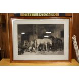 A LARGE FRAMED AND GLAZED ANTIQUE J.F HERRING SENIOR ENGRAVING DEPICTING A STABLE INTERIOR SCENE