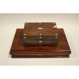 A MOTHER OF PEARL INLAID MAHOGANY TRINKET BOX TOGETHER WITH A BURR MAHOGANY EMPTY CUTLERY BOX