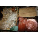A TRAY OF MOSTLY CUT GLASSWARE TOGETHER WITH A TRAY OF PINK GLASSWARE (2)