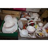 FOUR BOXES OF ASSORTED CERAMICS AND CHINA TO INCLUDE A GILT ROYAL WORCESTER THREE PIECE TEA SERVICE,