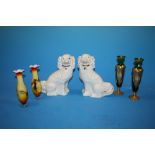 A PAIR OF STAFFORDSHIRE STYLE SPANIELS TOGETHER WITH TWO PAIRS OF GLASS VASES (6)