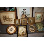 A COLLECTION OF ANTIQUE PICTURES TO INCLUDE PORTRAITS, OAK FRAMED CIRCULAR PHOTOGRAPH ETC (10)