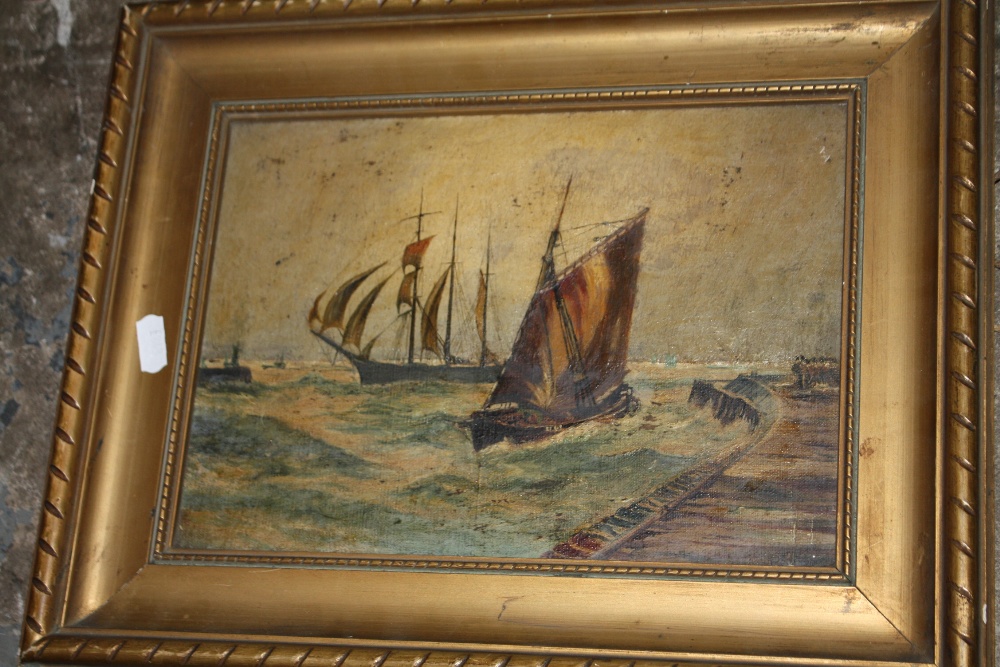 TWO FRAMED AND GLAZED WATERCOLOURS TOGETHER WITH A GILT FRAMED OIL ON CANVAS OF SHIPS AT SEA AND A - Image 3 of 5