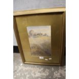 A GILT FRAMED AND GLAZED WATERCOLOUR DEPICTING A COUNTRY PATH BEFORE BUILDINGS SIGNED C H HUGHES