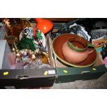 TWO TRAYS OF CERAMICS AND GLASSWARE ETC. TO INCLUDE A GLAZED TERRACOTTA JUG AND BOWL,