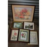 A FRAMED AND GLAZED FLORAL WATERCOLOUR SIGNED J.DYER TOGETHER WITH 5 OTHER PICTURES TO INCLUDE
