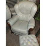 A MINT GREEN LEATHER 3 PIECE SUITE TO INCLUDE A FOOTSTOOL