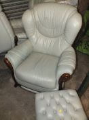 A MINT GREEN LEATHER 3 PIECE SUITE TO INCLUDE A FOOTSTOOL