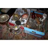 TWO TRAYS OF ASSORTED CERAMICS GLASS AND METALWARE TO INCLUDE ORIENTAL CERAMICS, LARGE GLASS JUG,