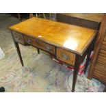 AN ANTIQUE MAHOGANY AND INLAID SIDE TABLE WITH THREE DRAWERS RAISED ON SQUARED SUPPORTS H-75 W-107