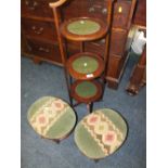 A SLENDER MAHOGANY 3 TIER DUMB WAITER AND 2 MAHOGANY TAPESTRY FOOTSTOOLS (3)