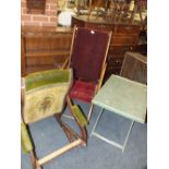 TWO ANTIQUE FOLDING CHAIRS WITH TAPESTRY/MATERIAL COVERINGS AND A FOLDING GREEN PAINTED BUTLERS TRAY