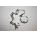 A VICTORIAN SILVER FOB WATCH ON SILVER ALBERTINA CHAIN