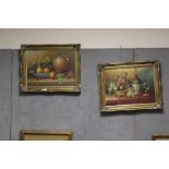 A PAIR OF GILT FRAMED STILL LIFE OIL ON CANVAS STUDIES OF FRUIT SIGNED PARRIOT