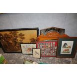 A COLLECTION OF ANTIQUE PICTURES AND MIRRORS TO INCLUDE A LARGE B COOK COLOURED PRINT, FRAMED