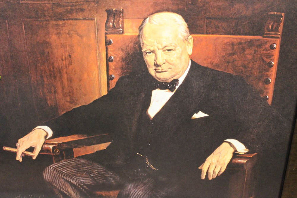 A LARGE FRAMED AND GLAZED PRINT OF WINSTON CHURCHILL - Image 2 of 2