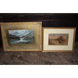 TWO GILT FRAMED AND GLAZED WATERCOLOURS DEPICTING A HIGHLAND SCENE AND A RURAL BRIDGE