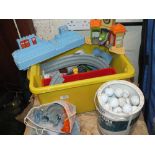 A BOX OF TRAIN TOYS PLUS A QUANTITY OF GOLF BALLS AND A JAM PAN (3)