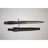 AN ANTIQUE DAGGER/ PLUG BAYONET IN LEATHER SHEATH