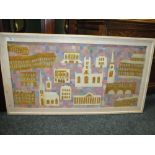 A FRAMED OIL ON CANVAS DEPICTING A MODERNIST TOWN SCENE BY C JOHNS 2008