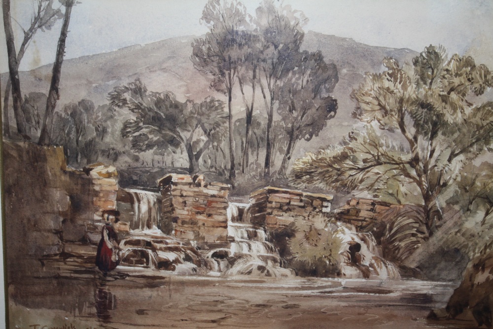 A GILT FRAMED AND GLAZED WATERCOLOUR DEPICTING A WATERFALL WITH FIGURE SIGNED T. CRESWICK 1860 - Image 2 of 4