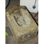 A BOOT SCRAPER SET IN STONE, VINTAGE METAL BIRDBATH AND THREE VINTAGE RAKES ETC