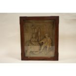 AN ANTIQUE OAK CASED CARVED WOODEN DIORAMA OF AN INTERIOR SCENE WITH FIGURES