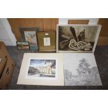 A COLLECTION OF ASSORTED PICTURES TO INCLUDE A HERBERT OSWALD LUMBY PENCIL SKETCH STILL LIFE OIL