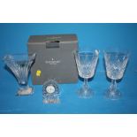 A BOXED WATERFORD CRYSTAL CLARION VASE TOGETHER WITH A PAIR OF WATERFORD CRYSTAL WINE GLASSES AND