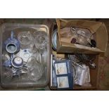 A BOX OF ASSORTED SUNDRIES TO INCLUDE A COLLECTION OF PERFUME BOTTLES ETC, A BOX OF CUT GLASS