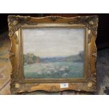 A GILT FRAMED IMPRESSIONIST OIL ON CANVAS LAID ON BOARD DEPICTING A WOODED LANDSCAPE WITH SHEEP