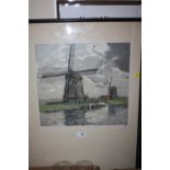 A FRAMED AND GLAZED COLOURED ETCHING DEPICTING A WINDMILL SIGNED HANS FIGURA