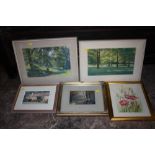 A COLLECTION OF FIVE ASSORTED FRAMED AND GLAZED WATERCOLOURS TO INCLUDE A TWO WOODED LANDSCAPES BY F