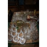 TWO TRAYS OF GLASSWARE TO INCLUDE CUT GLASS DRINKING GLASSES ETC.
